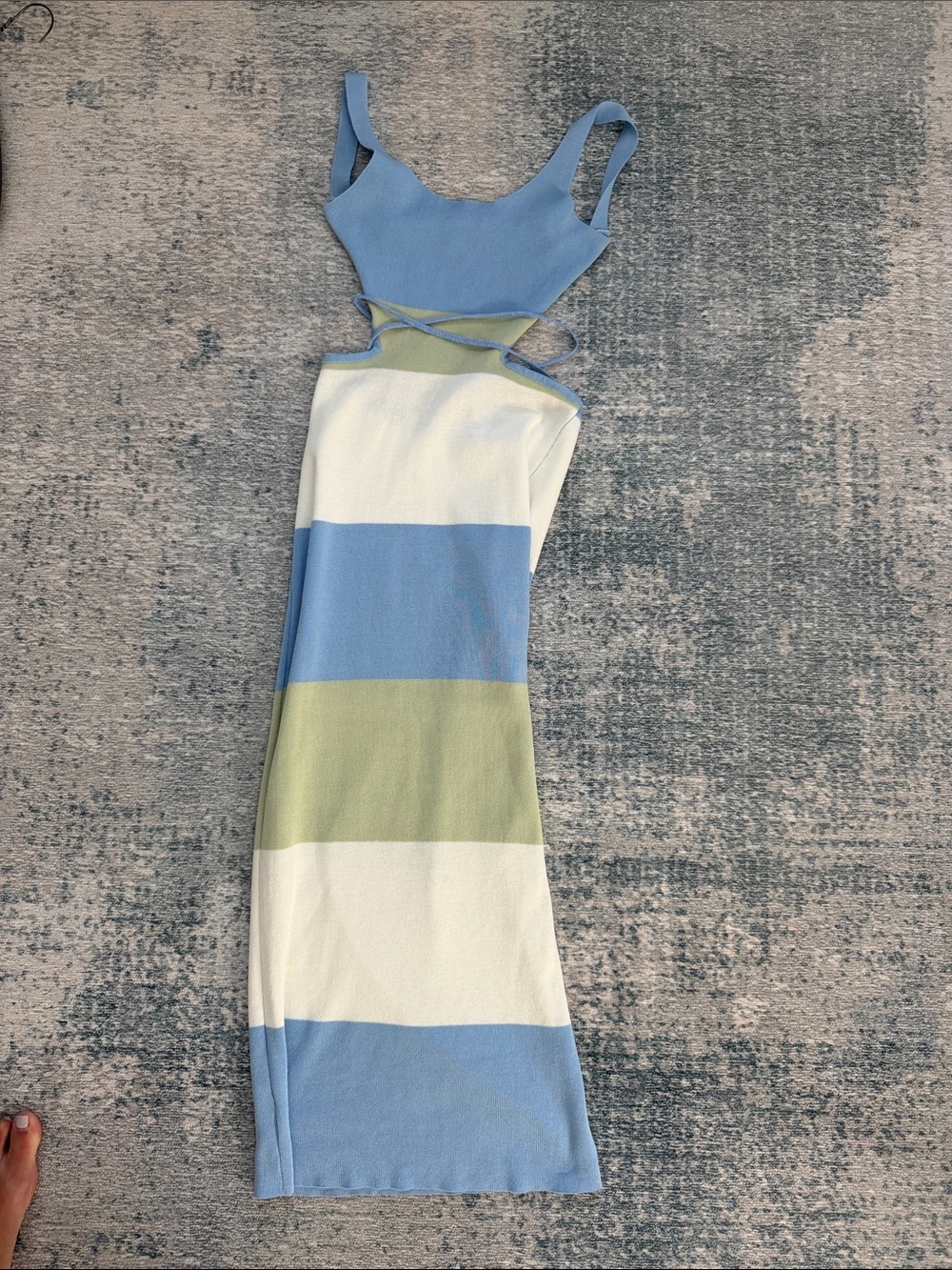 Blue & Green Striped Cutout Midi Dress
